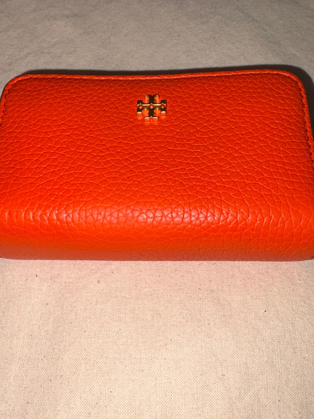 Tory Burch Orange Pebbled Leather Zip Wallet